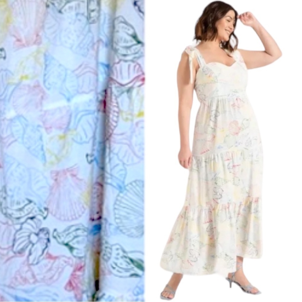 Eloquii Cream All Over Seashell Maxi Dress Size 18 Tiered Bow Straps